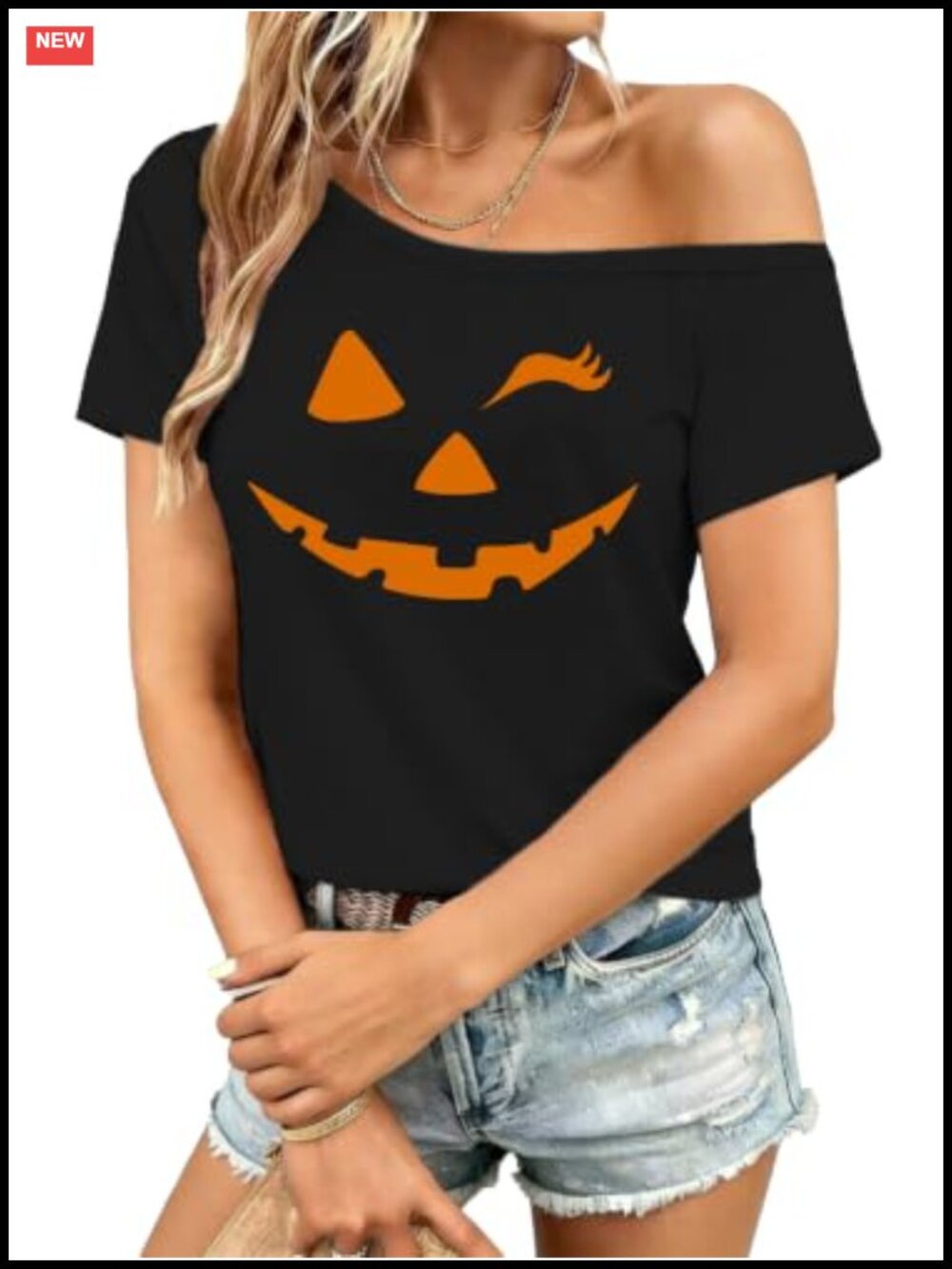 Womens Halloween Off Shoulder Tee Jack O Lantern Graphic Crop Top